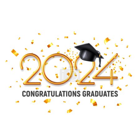 Illustration for Design template of congratulations graduates class of 2024, banner with 3d realistic academic hat, volumetric gold numbers and confetti for high school or college graduation. Vector illustration - Royalty Free Image