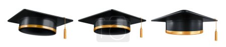 Illustration for Square academic cap, black graduation hat or mortarboard with golden tassel, for graduates of college, high school, university. Clothes for degree ceremony. 3d realistic isolated vector illustration - Royalty Free Image