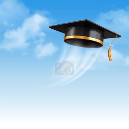Illustration for Invitation and congratulations graduates banner, graduate ceremony. Greeting card template with 3d black academic cap thrown up on blue sky background with clouds. Vector illustration - Royalty Free Image