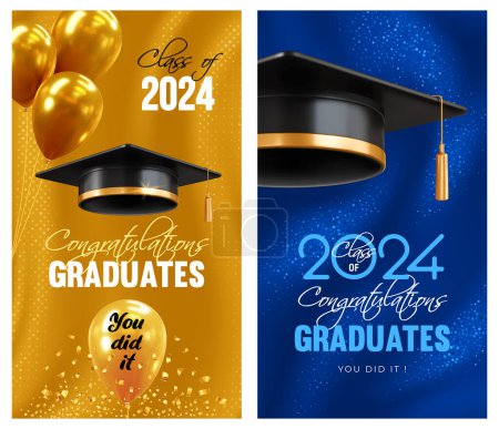 Illustration for Invitation and congratulations graduates banners, graduate ceremony. Greeting cards with 3d black academic caps and golden balloons on gold and blue background with sparkles. Vector illustration - Royalty Free Image