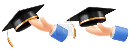 Illustration for Cute cartoon hand holding or giving black square academic cap or mortarboard. 3d realistic conceptual icon on education theme, congratulations graduation, degree ceremony. Vector illustration - Royalty Free Image
