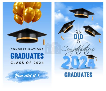 Illustration for Invitation and congratulations graduates banners, graduate ceremony. Greeting cards with 3d black academic caps and golden balloons on blue sky background with clouds. Vector illustration - Royalty Free Image