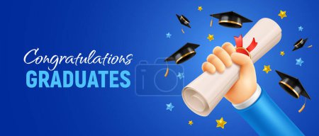 Illustration for Congratulations Graduates. Celebration banner with a hand holding a diploma and raised up, square academic graduation caps thrown up on the blue background with place for text. Vector illustration - Royalty Free Image