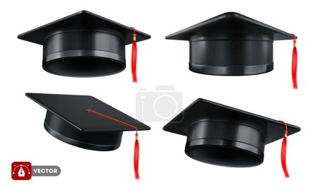 Illustration for Square academic cap, black graduation hat or mortarboard with red tassel, for graduates of college, high school, university. Clothes for degree ceremony. 3d realistic isolated vector illustration - Royalty Free Image