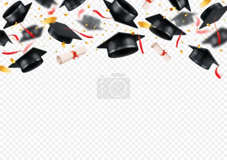 Ilustración de Fiesta de graduación en la universidad, escuela o universidad. 3d realistas gorras de graduación académica negro o sombreros toga, confeti y diplomas vomitados, volando sobre fondo transparente. Ilustración vectorial - Imagen libre de derechos