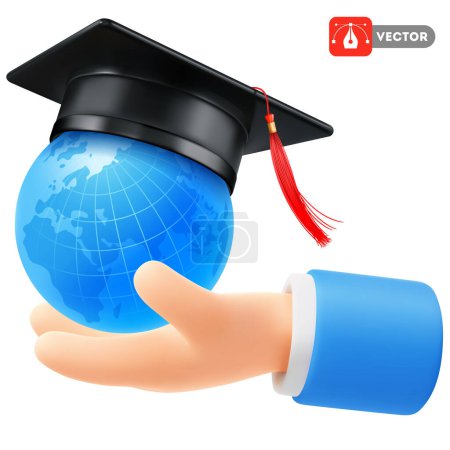 Ilustración de Globo de mano con gorra de graduación académica, sombrero de toga. 3d realista concepto de educación en línea, diseño para la ceremonia de graduación de felicitación. Ilustración vectorial aislada - Imagen libre de derechos