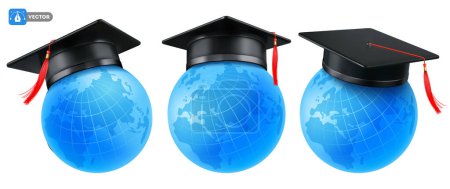 Ilustración de 3d casquillo de graduación académica realista, sombrero toga en el mundo, conjunto de vistas desde diferentes ángulos, aislado. Concepto de educación en línea, diseño para la ceremonia de graduación de felicitación. Ilustración vectorial - Imagen libre de derechos