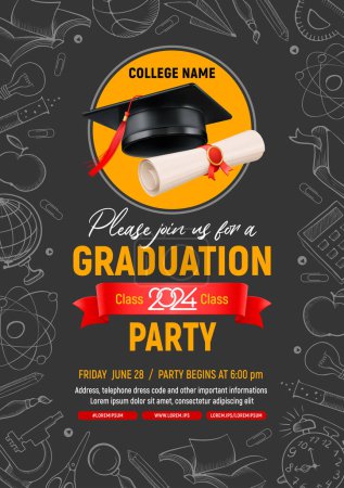 Illustration for Graduation party degree ceremony poster template, 3d realistic academic hat and diploma, frame in doodle style with objects on education theme, dark background with place for text. Vector illustration - Royalty Free Image