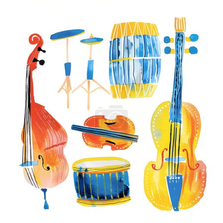 Photo for Cute watercolor musical instruments including cello, drum, and other, vintage style - Royalty Free Image