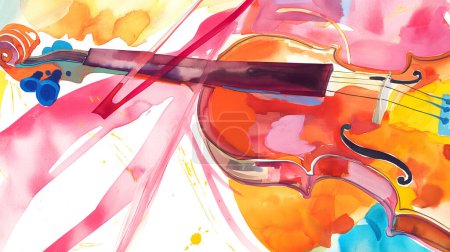 Photo for Violin colorful watercolor painting. Abstract background illustration. Fade wash, expressive. Advertisement banner book cover invitation - Royalty Free Image