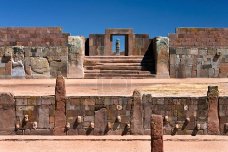 Tiwanaku Pre-Inca site near La Paz in Bolivia, South America - showing the head stones of the Subterranean Temple. The site is over 2000 years old