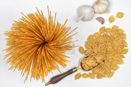 Téléchargez les photos : Pâtes italiennes - pâtes Conchiglie et spaghettis aux bulbes d'ail - en image libre de droit