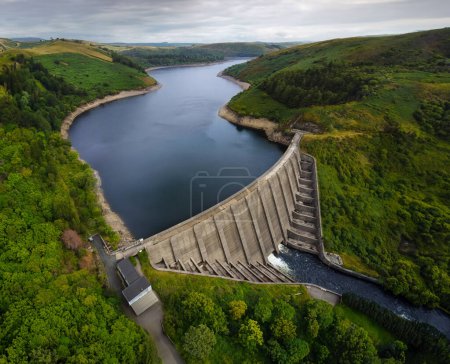 Photo for Aerial view of Llyn Clywedog Dam near Llanidloes in the Powis region of central Wales. - Royalty Free Image