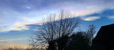 Foto de Nubes Nacreous - Nubes estratosféricas polares de gran altitud a altitudes de 49,000 - 82,000 pies. Están hechos principalmente de cristales de hielo. Mejor observados en invierno al amanecer o al atardecer cuando están iluminados por la luz del sol desde debajo del horizonte. - Imagen libre de derechos