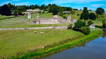 Aerial view of the ruins of Kirkham Priory, situated on the banks of the River Derwent, at Kirkham, North Yorkshire, England. The Augustinian priory was founded in the 1120.  The priory was destroyed in 1539 during the Dissolution of the Monasteries.