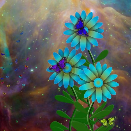 Foto de Flores azules y mariposas en el espacio - Imagen libre de derechos