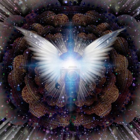 Téléchargez les photos : Des ailes brillantes et l'aura de l'homme dans un centre de mandala indien. Espaces multicouches représentant des dimensions infinies - en image libre de droit