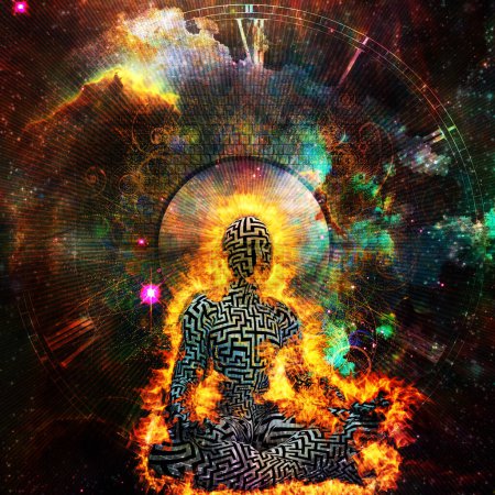 Foto de Hombre ardiente con patrón de laberinto medita en la pose de loto. Reloj cara y fondo de espacio vívido - Imagen libre de derechos