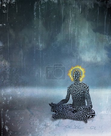 Foto de Hombre con patrón de laberinto y halo ardiente medita - Imagen libre de derechos