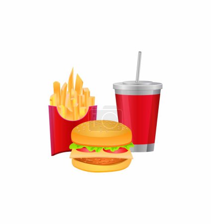 Téléchargez les illustrations : Fast food et boisson icône. illustration plate de hamburger avec de savoureuses frites icônes vectorielles pour le web - en licence libre de droit
