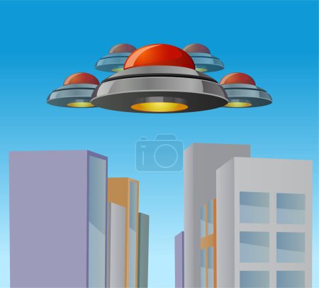 Illustration for Futuristic space ufo flying over the city - Royalty Free Image