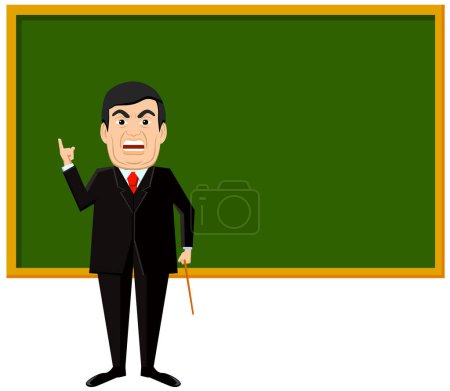 Téléchargez les illustrations : Illustration de l'enseignant avec pointeur pointant vers tableau noir vierge - en licence libre de droit