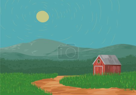 Téléchargez les illustrations : Grange dans le paysage rural, illustration vectorielle - en licence libre de droit