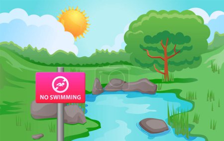 Illustration for A beautiful landscape of a swimming pool surrounded by trees and a pond - Royalty Free Image