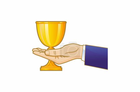 Illustration for Hand with golden trophy icon. flat of gold trophy trophy vector illustration isolated on transparent background. - Royalty Free Image