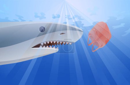 Ilustración de Tiburón y bolsa de plástico en el océano, ilustración vectorial - Imagen libre de derechos