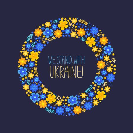 Ilustración de Corona floral en colores ucranianos con la inscripción "Estamos con Ucrania". Apoyo a Ucrania. - Imagen libre de derechos