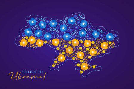 Téléchargez les illustrations : Carte ukrainienne avec le lettrage Gloire à l'Ukraine ! Concept de soutien Ukraine. Illustration vectorielle - en licence libre de droit
