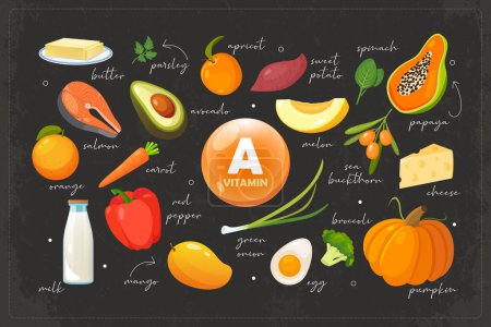 Ilustración de Recogida de fuentes de vitamina A. Concepto de alimentación saludable y salud - Imagen libre de derechos