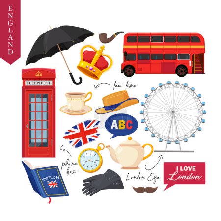 Símbolos culturales del Reino Unido. Elementos para el diseño creativo, tarjetas de felicitación, carteles, pancartas, impresiones, patrones e invitaciones temáticas británicas.