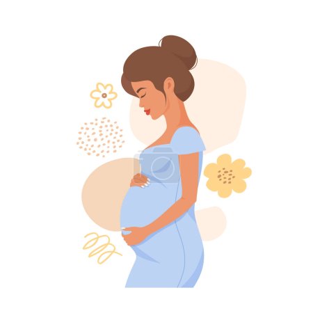 Ilustración de Beautiful pregnant woman hugs her belly. Concept of pregnancy and motherhood - Imagen libre de derechos