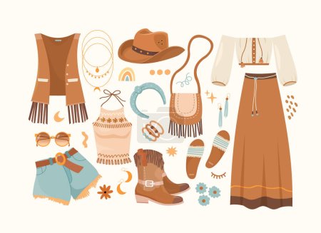 Ilustración de Ropa linda y accesorios en un estilo boho - Imagen libre de derechos