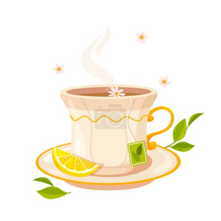 Photo for Illustration of a cup of green tea with a lemon slice and chamomile - Royalty Free Image