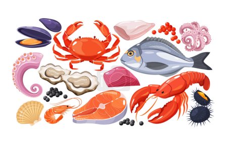 Téléchargez les illustrations : Collection vectorielle colorée de fruits de mer - en licence libre de droit