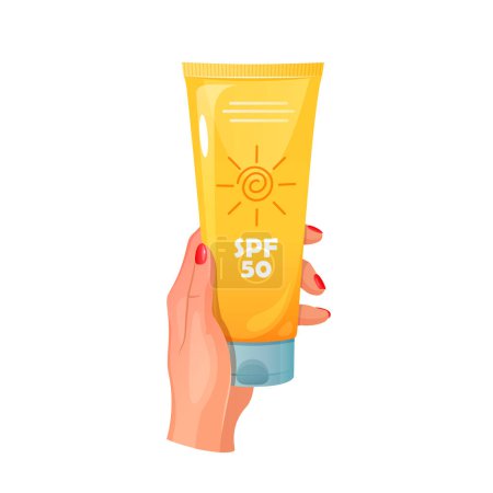 Ilustración de Una mano de mujer sosteniendo un tubo de crema protector solar.Concepto de cuidado de la piel. - Imagen libre de derechos