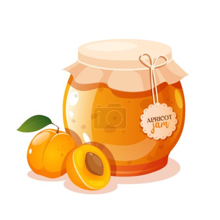 Illustration for Apricot jam in a glass jar with fresh apricot fruit - Royalty Free Image