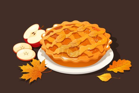 Illustration pour Composition de tarte aux pommes d'automne avec des pommes et des feuilles fraîches - image libre de droit
