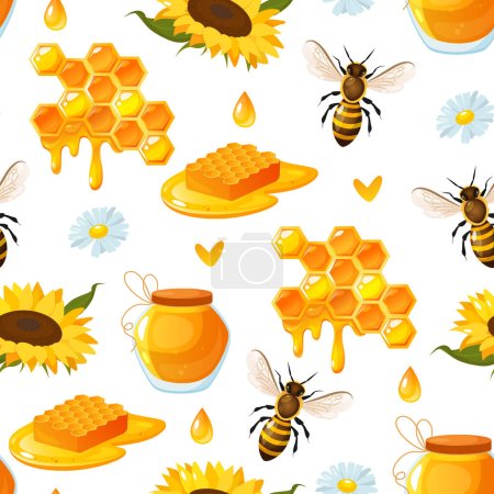 Téléchargez les illustrations : Modèle sans couture vectoriel avec des éléments de miel - en licence libre de droit