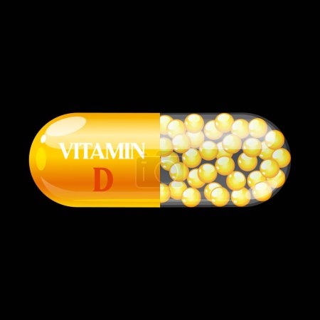 Illustration for Gold oil capsule with vitamin D supplement - Royalty Free Image