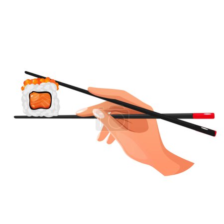 Téléchargez les illustrations : Femme main tenant des sushis avec des baguettes - en licence libre de droit