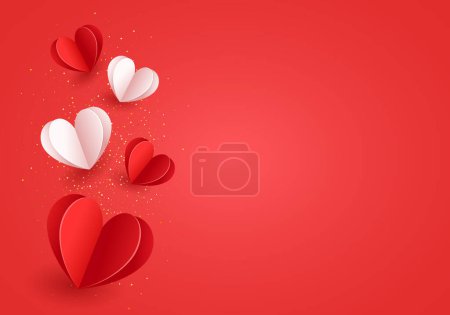 Illustration for Valentine's Day card with colorful papercut hearts and golden confetti. - Royalty Free Image