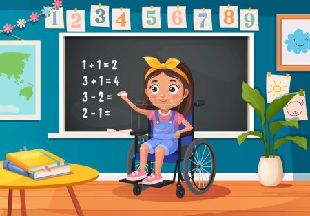 Illustration for Little schoolgirl stand by blackboard with chalk and solve mathematical problems on math lesson - Royalty Free Image