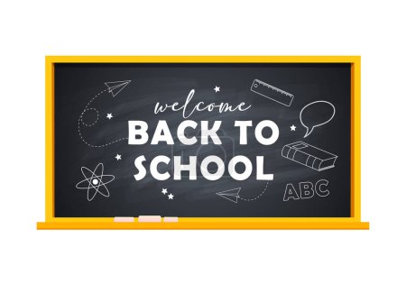 Illustration for Blackboard with lettering welcome back to school and different chalk pictures - Royalty Free Image