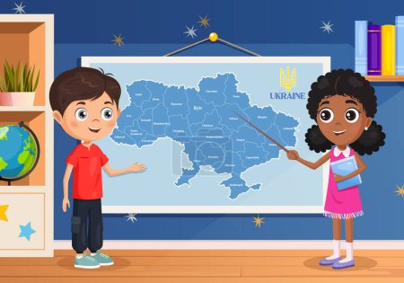Illustration for Children's in classroom near the map of Ukraine. - Royalty Free Image