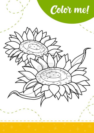 Ilustración de Página para colorear para niños con flores solares de dibujos animados. Una hoja de trabajo imprimible, ilustración vectorial. - Imagen libre de derechos