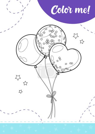 Ilustración de Página para colorear para niños con globos de vacaciones de dibujos animados diferentes formas.Una hoja de trabajo imprimible, ilustración vectorial. - Imagen libre de derechos